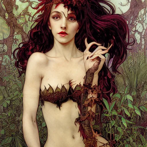 Prompt: a beautiful and detailed matte painting of a seductive succubus dressed as poison ivy, fantasy, d & d, dark eyeliner, intricate, elegant, highly detailed, digital painting, artstation, concept art, matte, sharp focus, illustration, art by rebecca guay and by arthur rackham and by alphonse mucha and by john william waterhouse