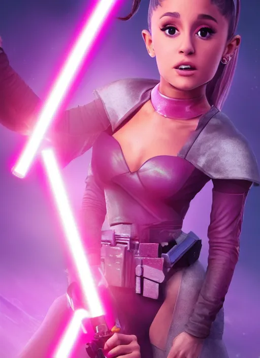 Prompt: An extremely detailed photo of Ariana Grande in the Star Wars universe with two pink lightsabers held in each hand. Maximum detail on artstation, photo realism, vivd details, vivd colour, volumetric lighting. anime art style