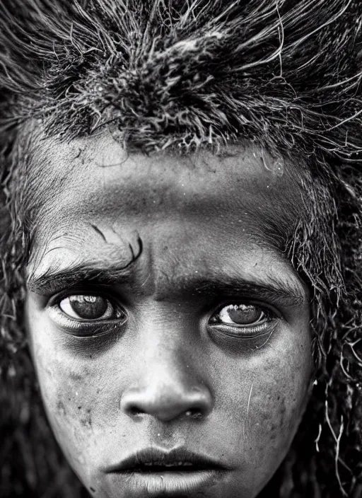 Image similar to Award winning Editorial photo of a Native Nauruans with incredible hair and beautiful hyper-detailed eyes wearing traditional garb by Lee Jeffries, 85mm ND 5, perfect lighting, gelatin silver process