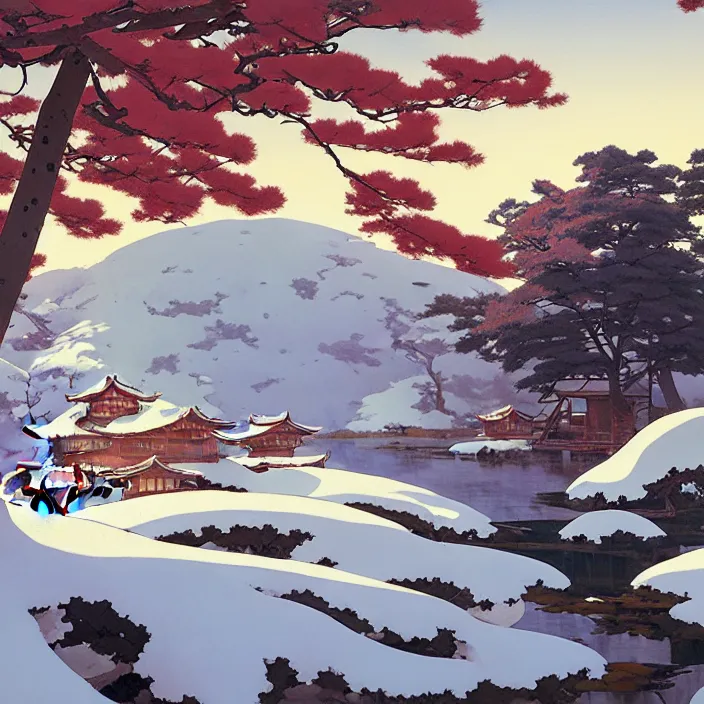 Image similar to japanese countryside, winter, in the style of studio ghibli, j. c. leyendecker, greg rutkowski, artem