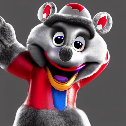 Prompt: 3d render of Chuck E. Cheese mascot, Avenger version, high quality unreal engine