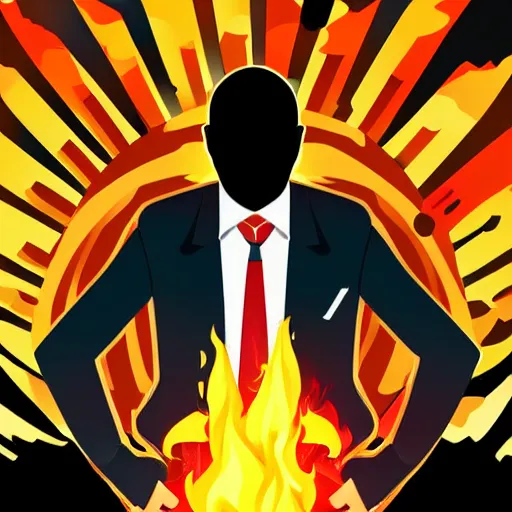 Prompt: a man in a suit and tie standing in front of flames, vector art by omineadrian thechamba, behance contest winner, funk art, hellish background, 2 d, anime aesthetic