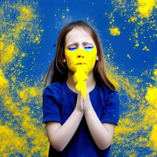 Prompt: crying girl covered by yellow and blue smoke