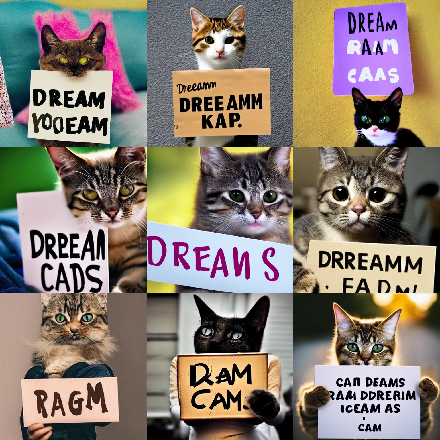 Image similar to realistic high quality photo of a cute cat holding a sign with text that reads : dream cats