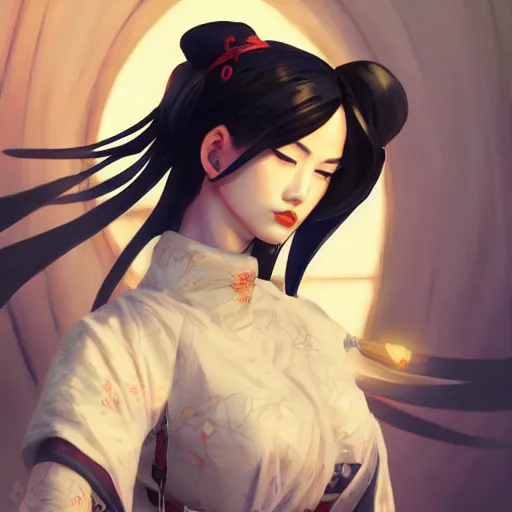 Image similar to geisha ninja girl anime, hyper detailed, digital art, trending in artstation, cinematic lighting, redhead, studio quality, smooth render, fluorescent skin, unreal engine 5 rendered, octane rendered, art style by klimt and nixeu and ian sprigger and wlop and krenz cushart