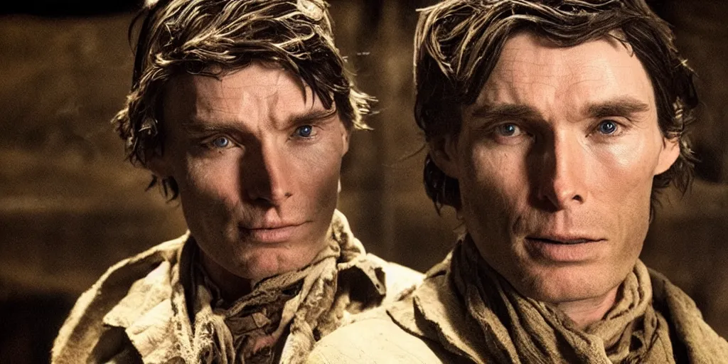 Image similar to rugged bandit cillian murphy in the old west, strangling hank floyd. volumetric lighting, cinematic, dark, grim. directed by coen brothers.