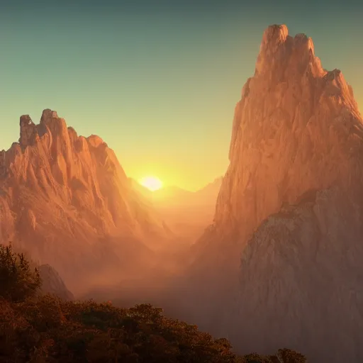 Prompt: cascade of multiple gigantic nancy pelosi, epic mountains in the background, sunrise, fantasy illustration, matte painting, concept art, low angle shot, volumetric lighting, volumetric atmosphere, morning mist, art by james gurney, unreal engine 5, 8 k