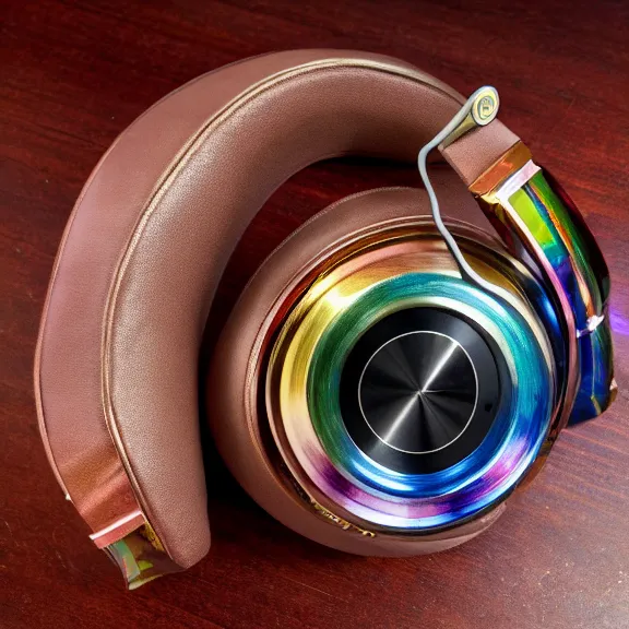 Prompt: masterpiece photo of beautiful crafted bismuth metal headphones, bismuth rainbow metal, bismuth cups, leather padding, displayed on mahogany desk, modernist headphones, bismuth headphones beautiful well designed, hyperrealistic, audiophile, intricate hyper detail, extreme high quality, photographic, meze audio, sennheiser, hifiman, artstation