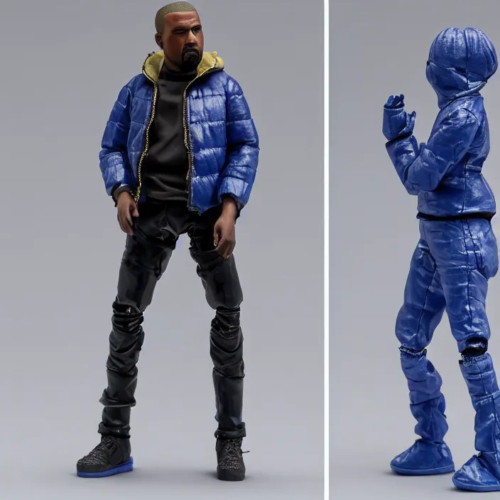 Image similar to a action figure of kanye west using full face - covering mask with small holes. a small, tight, undersized reflective bright blue round puffer jacket made of nylon. a shirt underneath. jeans pants. a pair of big rubber boots, figurine, detailed product photo, 4 k, realistic, acton figure, studio lighting, professional photo