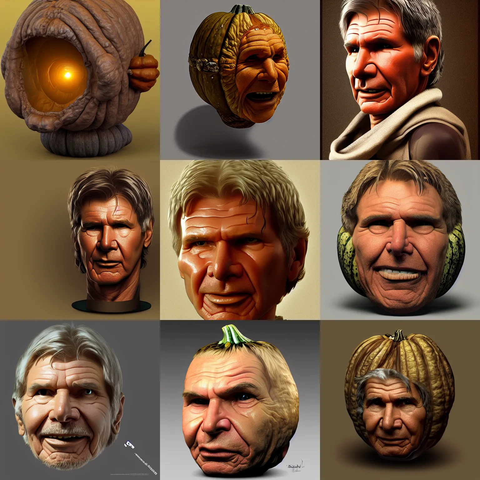 Prompt: harrison ford is fused into gourd, hyperdetailed, artstation, cgsociety, 8 k