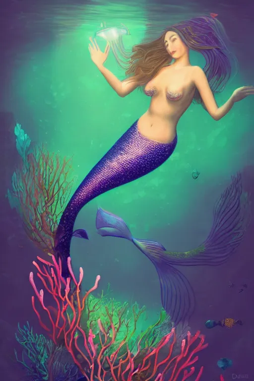 Image similar to beautiful mermaid swimming through bioluminescent algae coral reefs by dang my linh