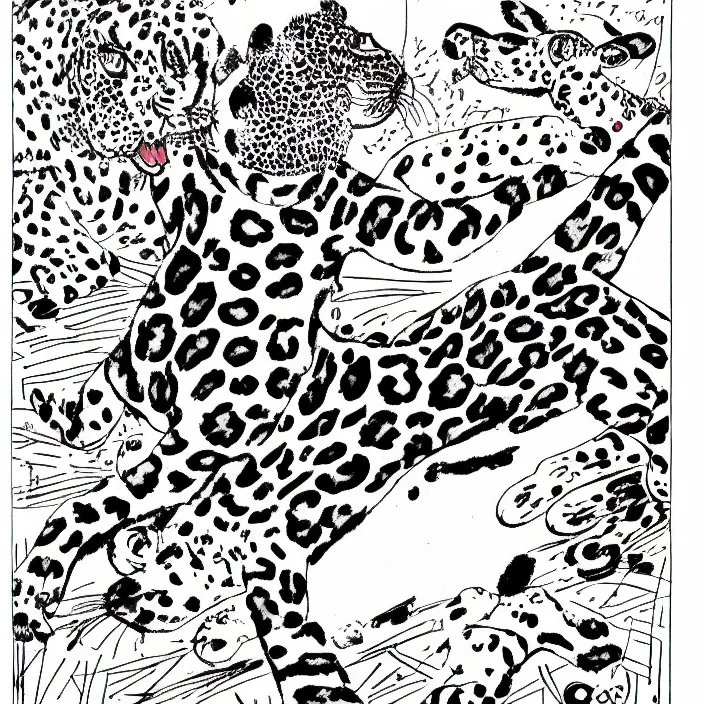 Image similar to a still frame from comic strip, leopard dancing with rabbit 1 9 5 0, herluf bidstrup, new yorker illustration, monochrome contrast bw, lineart, manga, tadanori yokoo, simplified,