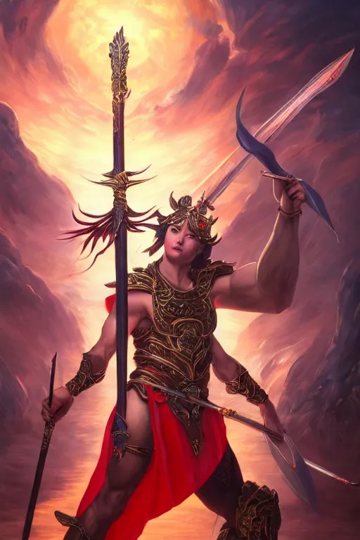 Image similar to a masterpiece portrait of nezha, legendary god holding spear, boy, flame everywhere, epic pose, fantasy character portrait, closeup shot, hyper detailed, digital painting, 8 k realistic, trending on artstation, sharp focus, dof, by fenghua zhong, artgerm, ne zha from smite, jeff easley, raymond swanland