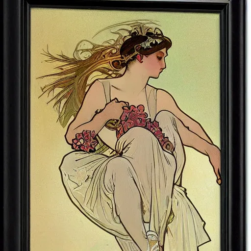 Image similar to ballerina, painted by alphonse mucha