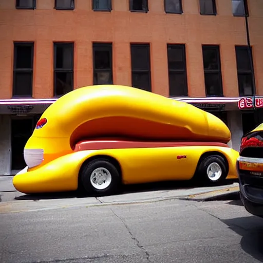 Image similar to very weird, very wrong concept of the Oscar Mayer Wienermobile on the street, photograph