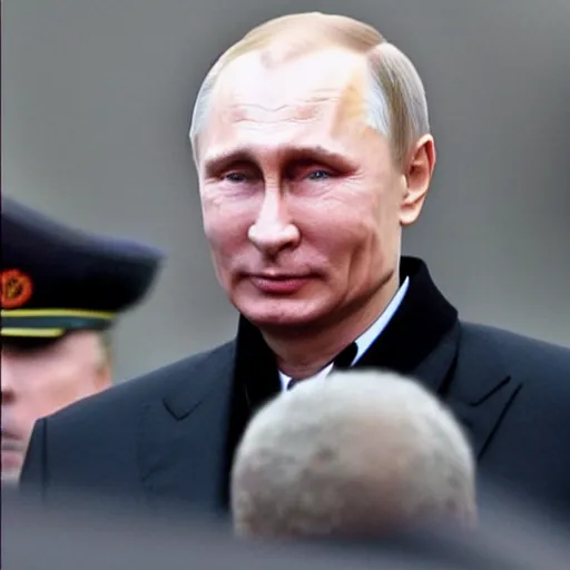 Image similar to putin wearing a black leather hat, frontal view, cool looking