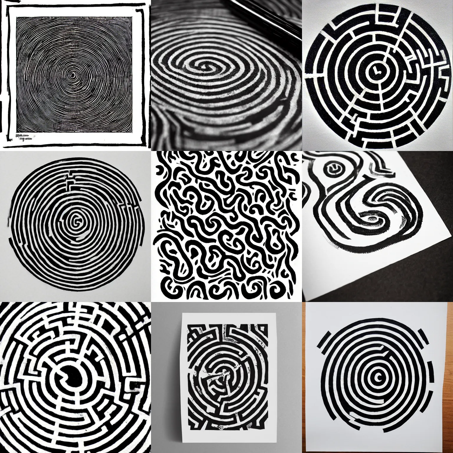Prompt: a labyrinth stamped in black ink on off white paper