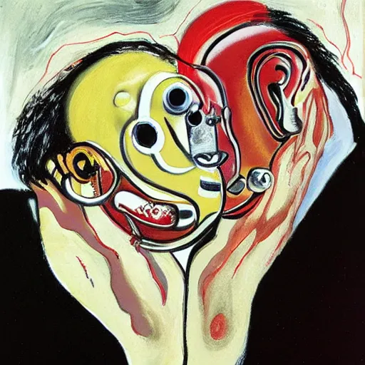 Prompt: Oil painting by Roberto Matta. Two mechanical gods kissing. Close-up portrait by Marlene Dumas. Dali.