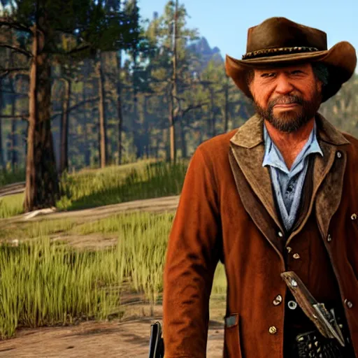 Image similar to Bob Ross as a video game character in red dead redemption 2 wearing a sheriff uniform