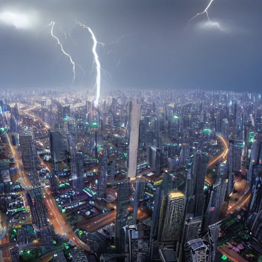 Image similar to Wide shot of colossal futuristic megacity towering across the landscape, thunder storm, Ralph McQuarrie, EOS-1D, f/16, ISO 200, 1/160s, 8K