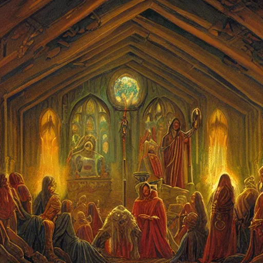 Image similar to Miltonian disasterpiece cult rain mesmerizing inner sanctum of the most venerable and beautiful truth, in the style of Jeff Easley, Grant Wood, Ken Kelly, Élisabeth Vigée Le Brun, dramatic lighting, establishing shot, detailed and realistic faces, 8k resolution – W 1024