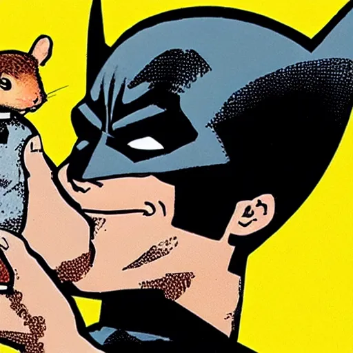 Image similar to Batman holding a hamster in his hands, smiling, comic book style