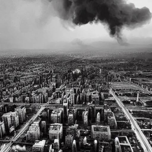 Prompt: steampunk city skylines engulfed in flames, huge fires, explosions everywhere, bird's eye view, cinematic, very detailed, black and white photograph