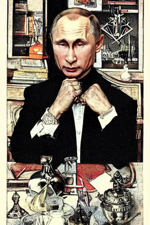 Prompt: vladimir putin. masonic lithography by norman rockwell