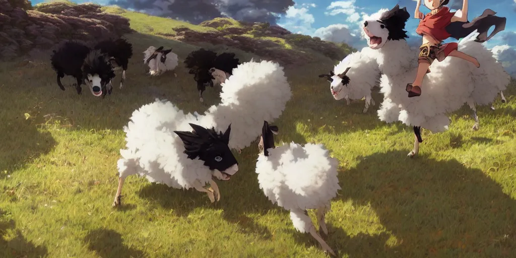 Image similar to border collie chasing sheep on feld nime key visual of luffy studio lit directed gaze, trending on pixiv fanbox, painted by greg rutkowski makoto shinkai takashi takeuchi studio ghibli