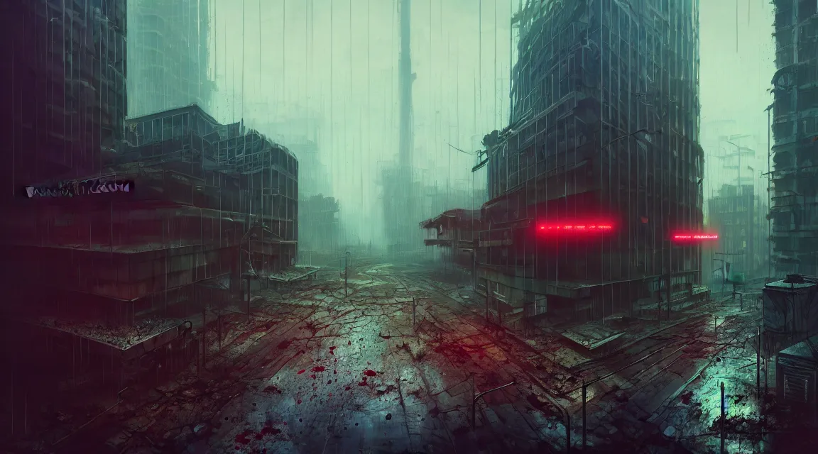 Image similar to post - apocalyptic city building, raining, building, avenue, modern contemporary urban americana concrete architecture, paved roads, by neil blevins trending on artstation, photorealistic, neon ambiance, ultra - detailed, high definition, depth of field, bokeh, wild vegetation, blood stains, crumbling, post - apocalyptic warriors