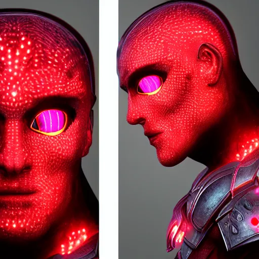 Image similar to a highly detailed headshot portrait of a man wearing a epic dark armor with glowing red eyes concept art