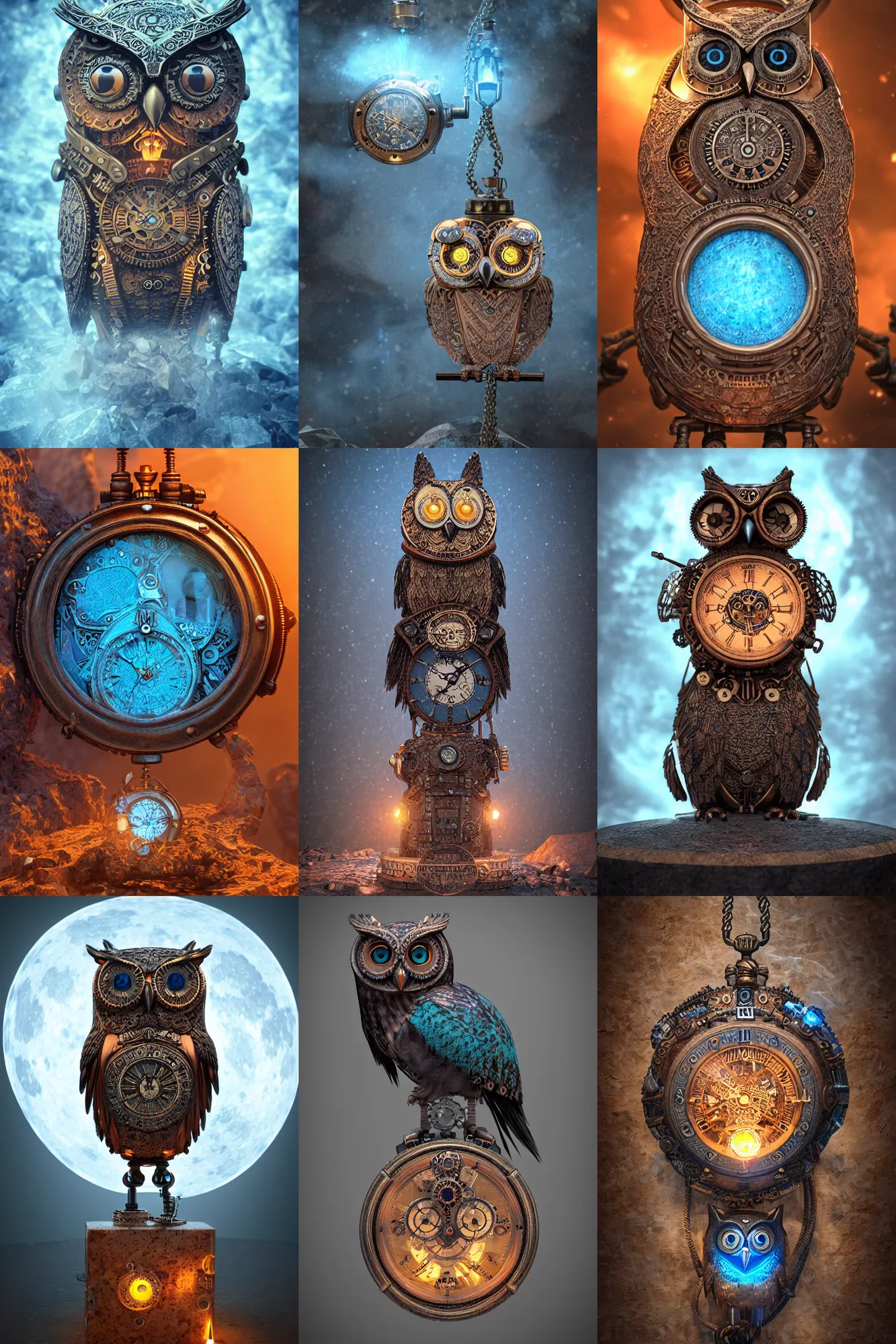 Prompt: steampunk aztec owl pocketwatch, himalayan rocksalt lamp, intricate detail, volumetric lighting, epic composition, hyper detailed, ultra realistic, sharp focus, octane render, volumetric, ray tracing, sense of awe, swirling mist, blue moon