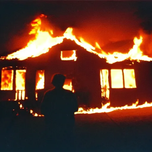 Image similar to a movie scene of a burning house, a man standing and watching the house while it's burning, by Roger Deakins, by Stanley Kubrick, cinestill 800t, HD, high detail, trending on artstation