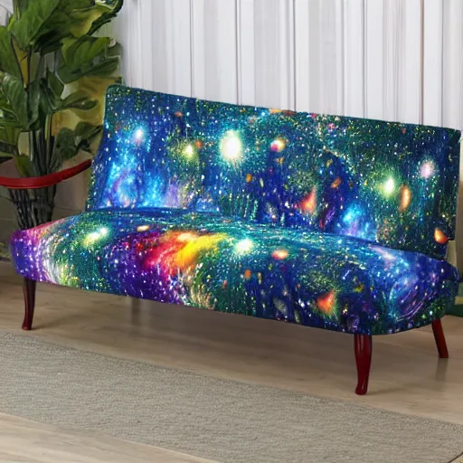 Image similar to psychedelic trippy couch pine forest planets milky way sofa by louis wain