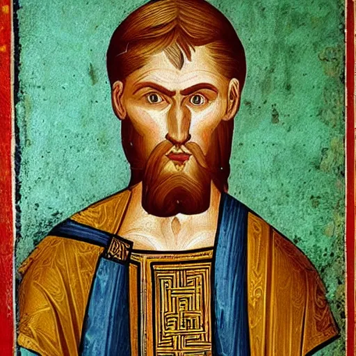 Image similar to A 11th century Italo-Byzantine painting of Jerma985, portrait of Jerma985, grainy, realistic, very realistic, hyperrealistic, highly detailed, very detailed, extremely detailed, very neat, very epic, very cool, detailed, trending on artstation