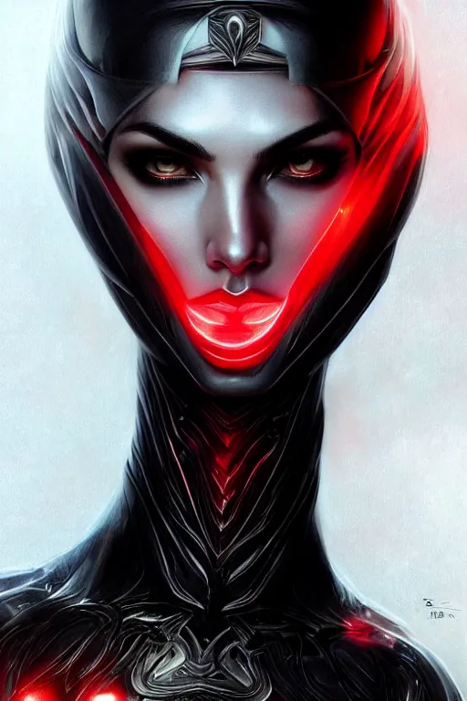 Prompt: very very beautiful longshot photo of chthonic Gal Gadot with demonic red eyes, on black helmet and black veins, intricate, elegant, highly detailed, artstation, concept art, smooth, sharp focus, illustration, art by artgerm, Beksinski, Giger