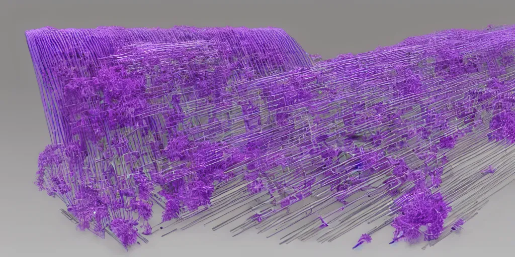 Prompt: a large futuristic loom machine that weaves purple threads. the threads gradually turn into a field of purple flowers, aesthetic, intricate, elegant, 8K, concept art, highly detailed, hyper-realistic, polished, artstation