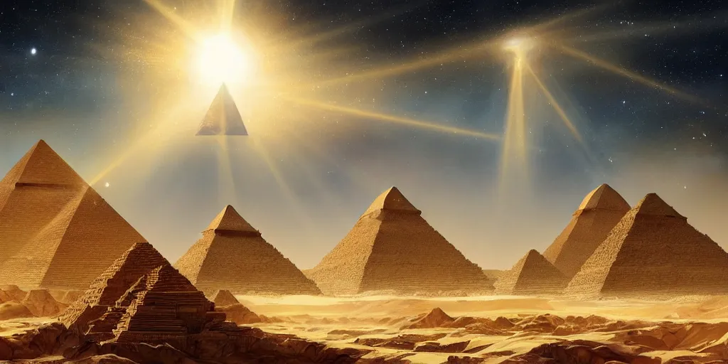 Prompt: beautiful painting of a landscape with alien pyramids with jewels and ornate gold decor by kim jakobsson, takato yamamoto, clement - auguste andrieux and santiago caruso trending on artstation sunshine rays cryengine behance hd 8 k 3 d 8 k resolution photoillustration ambient occlusion ancient egyptian hieroglyphs, stars with lasers