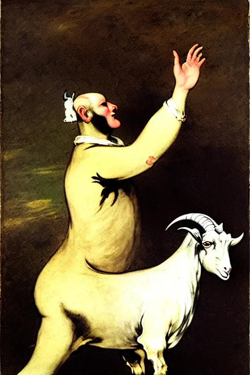 Image similar to dancing man with a goat head by francisco goya