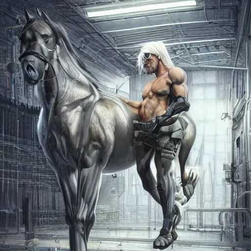 Image similar to a enormously muscled black - coated anthro horse supersoldier with long white hair wearing tactical kevlar fabric in a research facility, exaggerated muscle physique, highly detailed, furry, furaffinity, digital painting, artstation, sharp focus, smooth, concept art, illustration, art by artgerm, greg rutkowski, makoto shinkai