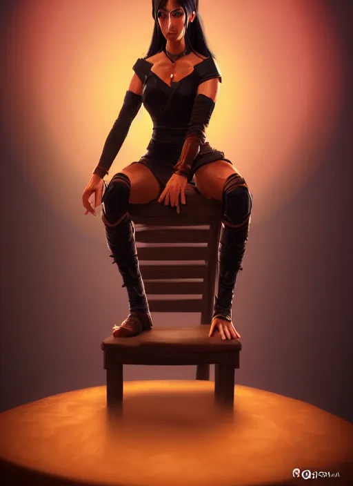 Image similar to An epic fantasy comic book style portrait painting of a tan woman with black hair in a pony tail and serious eyes sitting on a large chair, unreal 5, DAZ, hyperrealistic, octane render, cosplay, RPG portrait, dynamic lighting