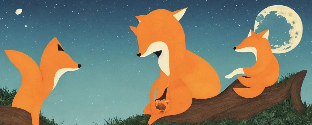 Image similar to a girl sitting on the back of a giant fox, eating peaches under the moon