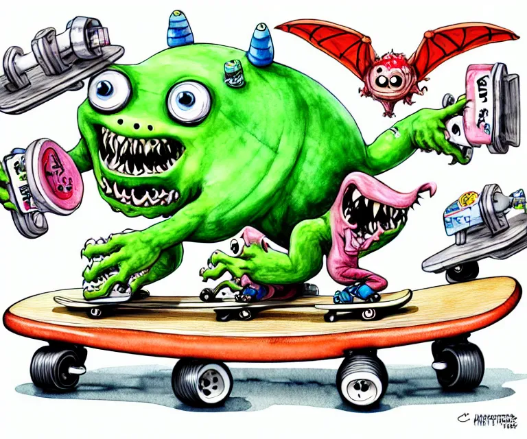 Image similar to cute and funny, monster on a skateboard, ratfink style by ed roth, centered award winning watercolor pen illustration, isometric illustration by chihiro iwasaki, edited by range murata, tiny details by artgerm and watercolor girl, symmetrically isometrically centered