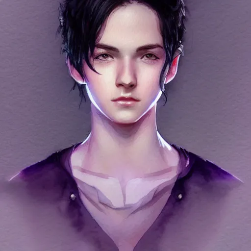 Image similar to young boy, black hair, purple eyes, gorgeous, amazing, delicate, elegant, intricate, highly detailed, watercolor, portrait, artstation, concept art, sharp focus, illustration, art by charlie bowater and Ross tran