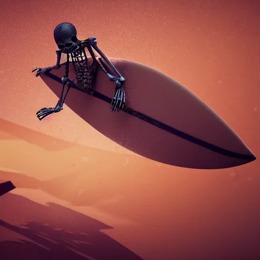 Prompt: skeleton riding a surfboard over a wave, digital art, 4k, high detail, octane render, cinematic lighting, HD