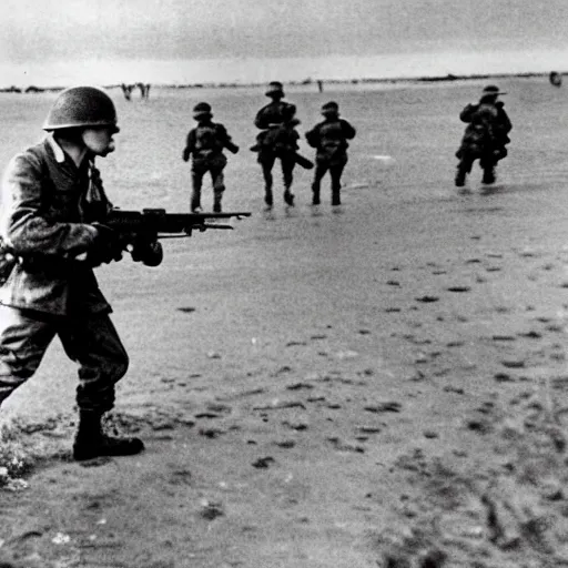 Prompt: Elmo in WWII storming the beach at Normandy shooting a rifle. Black and white newsreel