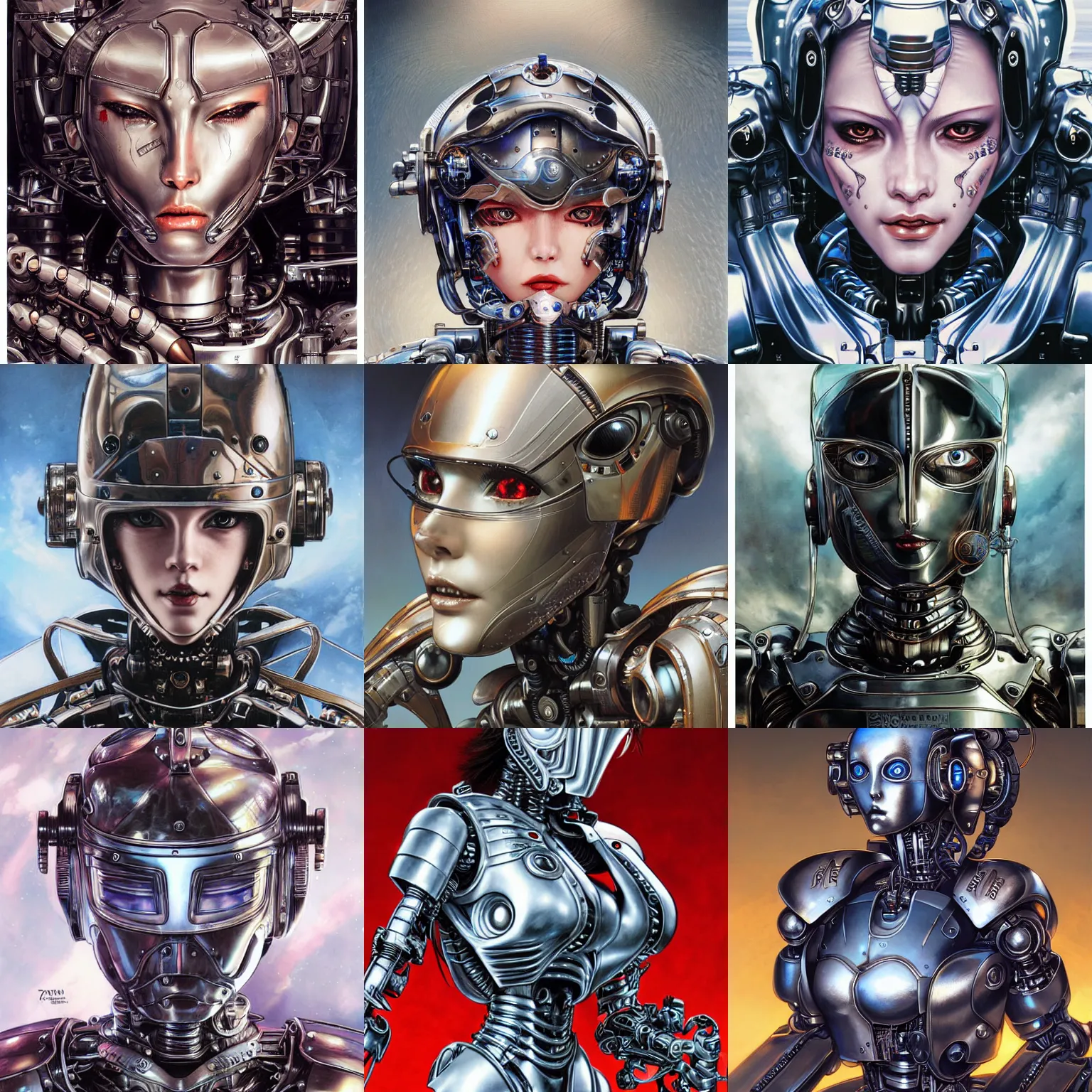 Prompt: portrait of a female robot wearing mechanical armor, face is highly detailed, by ayami kojima, masamune shirow, josan gonzalez, yoshitaka amano, dan mumford, barclay shaw