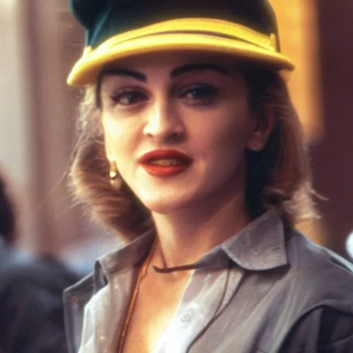 Image similar to picture of a 2 4 - year old madonna's famous 1 9 8 4 cameo as a mcdonald's worker in trading places, ( eos 5 ds r, iso 1 0 0, f / 8, 1 / 1 2 5, 8 4 mm, postprocessed, crisp face, facial features )