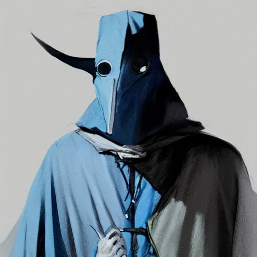 Prompt: a color pencil sketch of a mysterious plague doctor with a white mask wearing a blue wisards robe, concept art, by greg rutkowski and makato shinkai, by melmoth zdzislaw belsinki craig mullins yoji shinkawa, black light, semi - realistic render, pencil, paint smears, realistic manga, dramatic lighting, d & d design