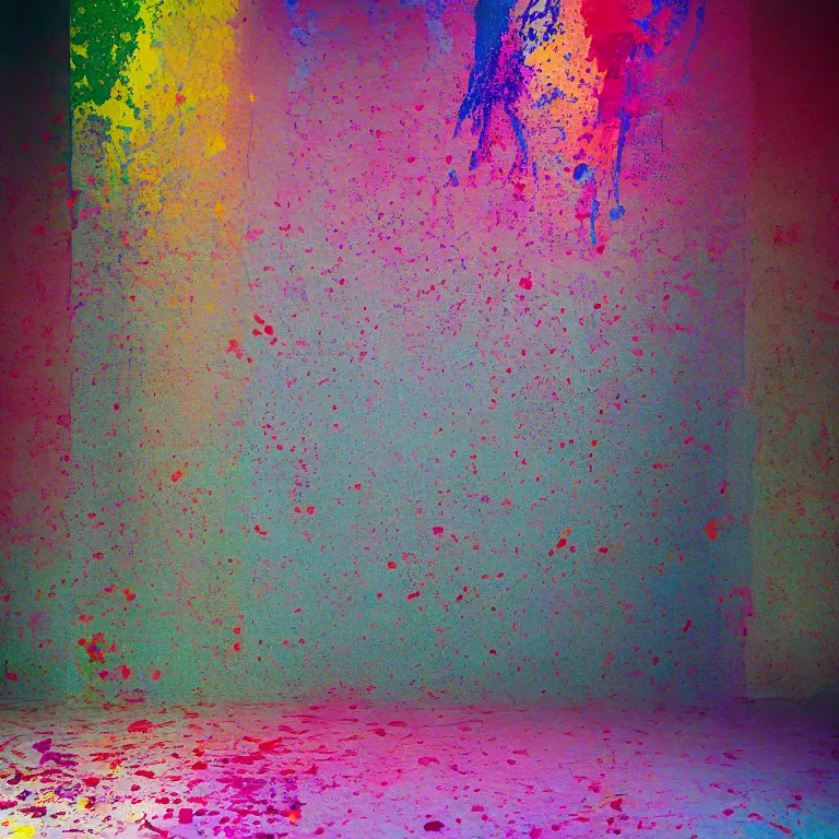 Image similar to colorful paint splatter inside a marble temple, film photo, soft lighting album cover, nostalgia, gradient, light reflection